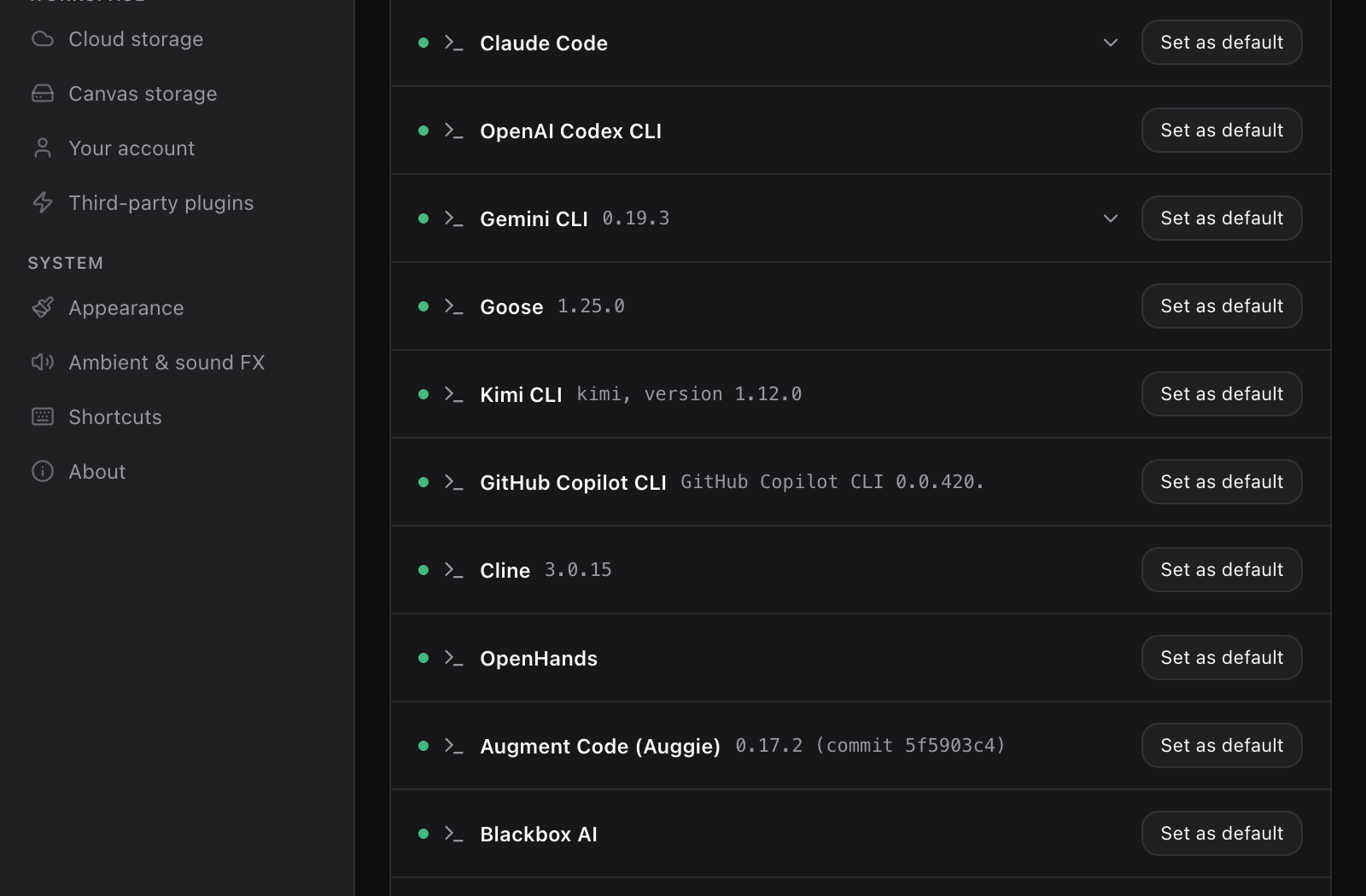 エージェント設定：このマシンで検出されたエージェント CLI（Claude Code、Codex CLI、Gemini CLI を含む）