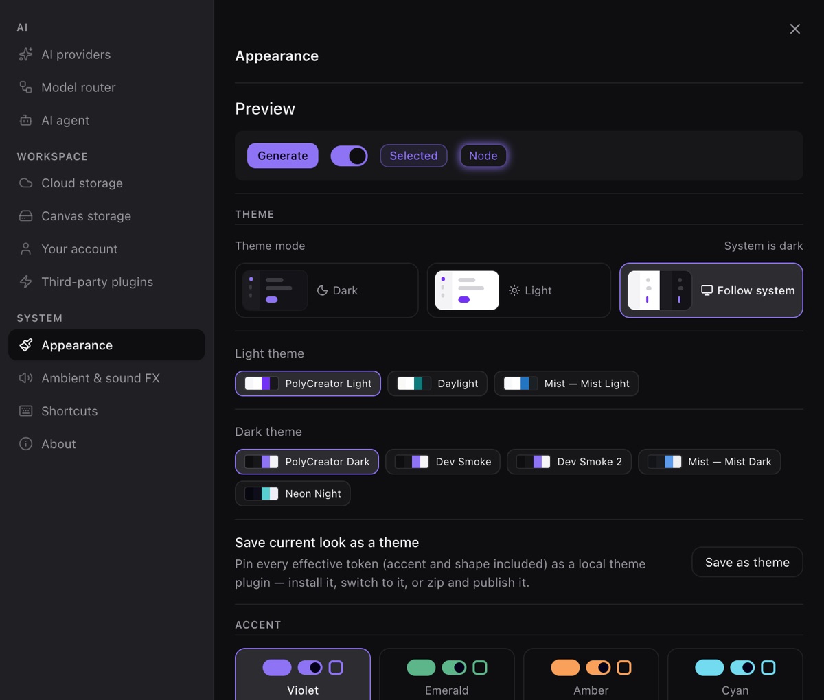Settings appearance page: light/dark modes, light and dark themes, accent colors