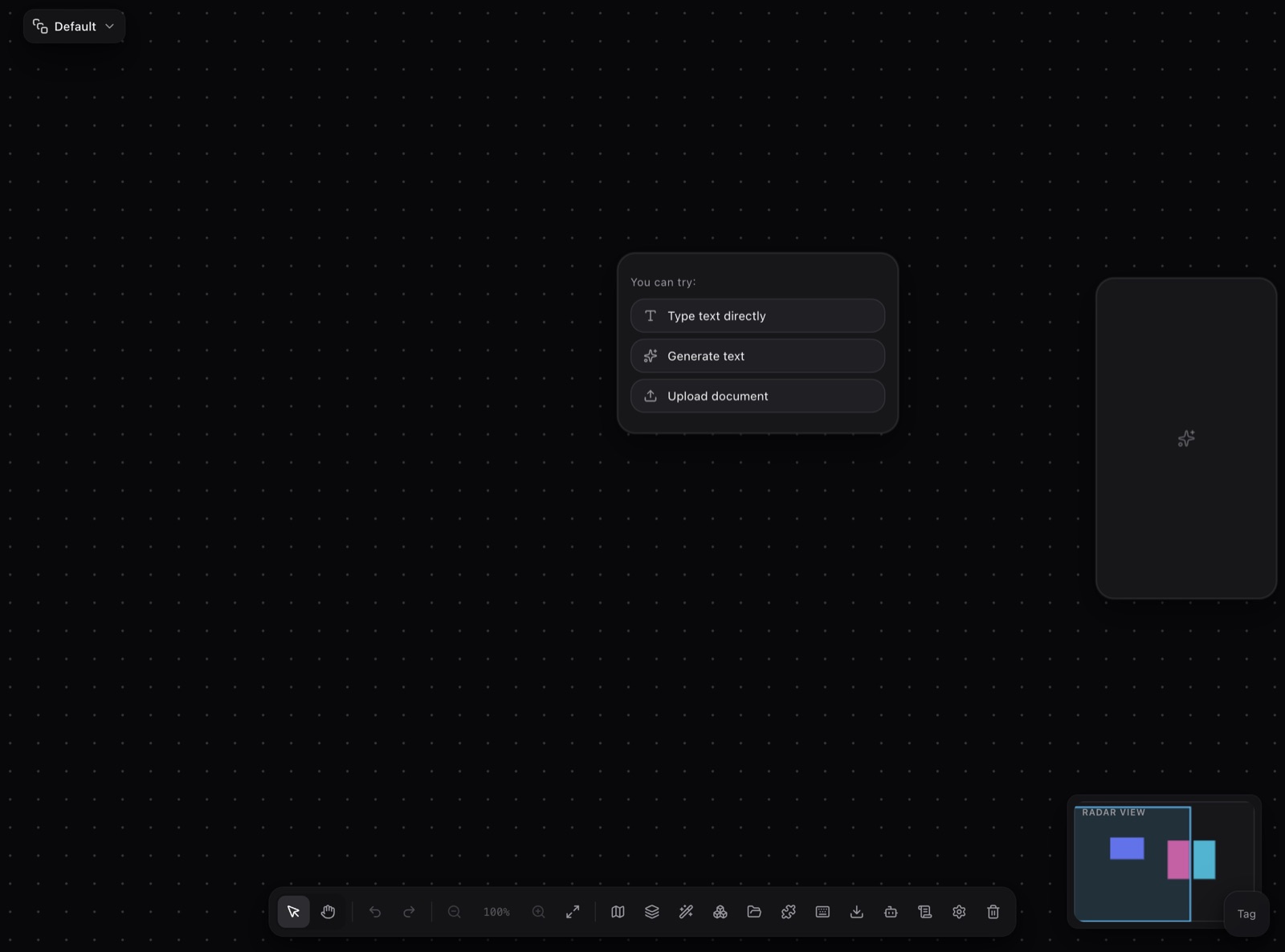 The PolyCreator canvas: empty-canvas onboarding card and bottom toolbar