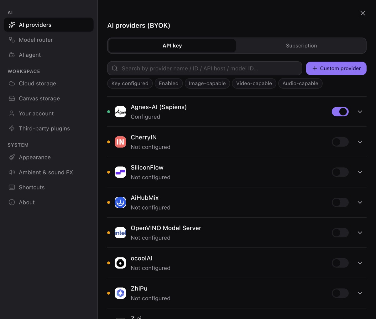 Settings AI-providers page: BYOK provider list with configured states