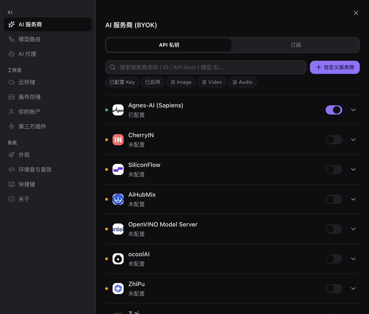 设置「AI 服务商」页:BYOK 服务商列表与已配置状态