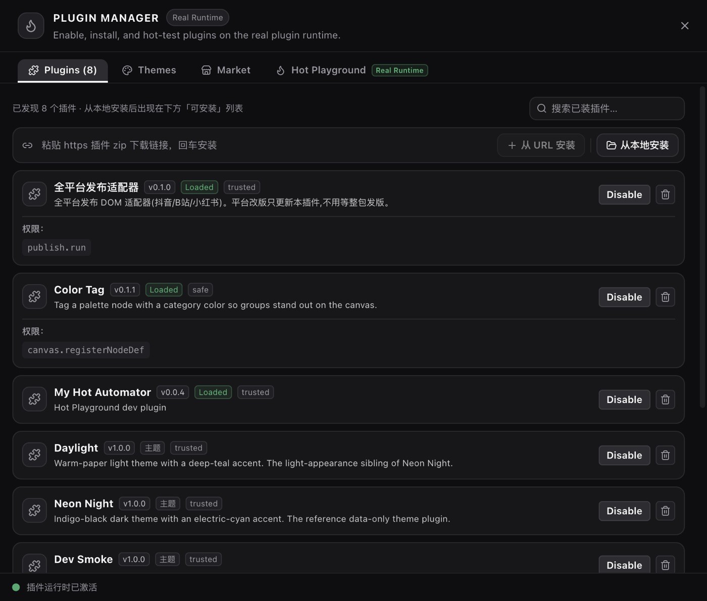 插件管理器「市场」标签页：可安装的插件列表